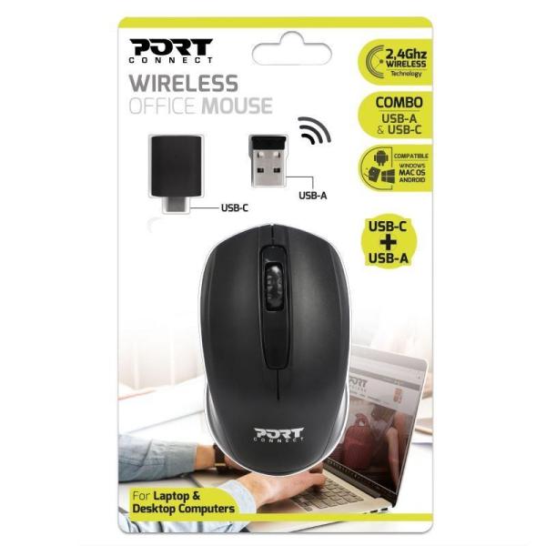 PORT bezdrátová myš Wireless office, USB-A/USB-C dongle, 2,4Ghz, 1000DPI, černá4