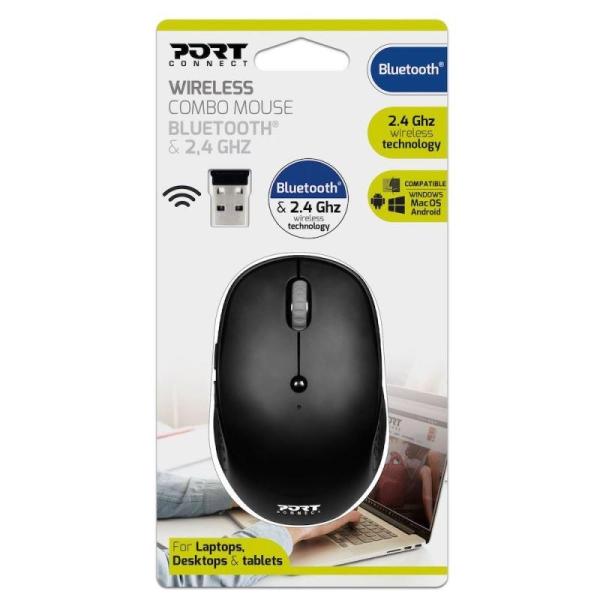 PORT bezdrátová myš COMBO,  2, 4 Ghz & Bluetooth,  USB-A,  černá0