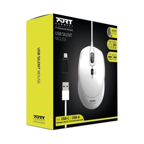 PORT optická myš SILENT,  USB-A/ USB-C,  3600 DPI,  bílá2