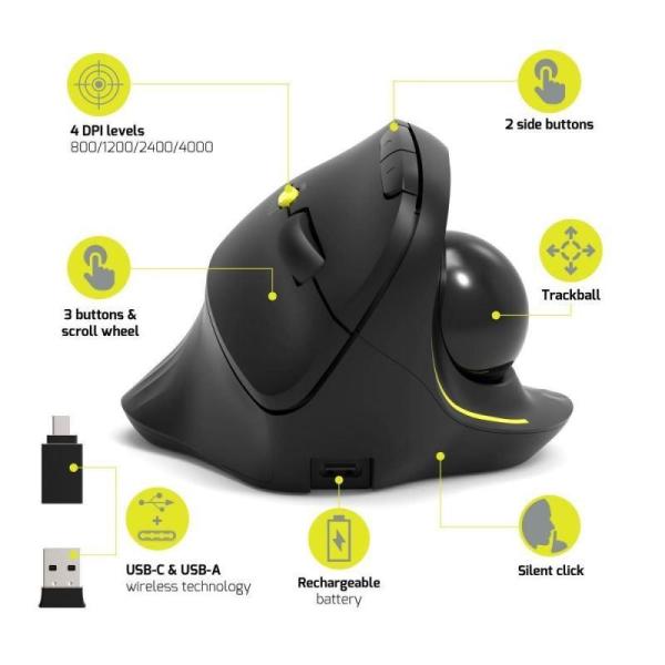 PORT bezdrátová ergonomická myš ERGONOMIC TRACKBALL,  2, 4 Ghz & Bluetooth,  USB-A/ C,  černá4