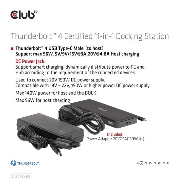 Club3D Dokovací stanice Thunderbolt 4 certifikovaný 11v1,  3xUSB-C,  3xUSB-A,  PD3