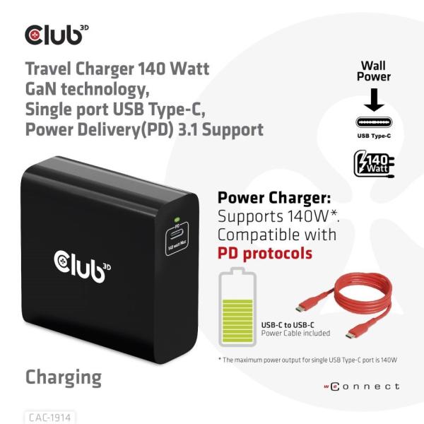 Club3D cestovní nabíječka USB-C 140W GaN Technologie,  1xUSB-C,  podpora PD 3.10