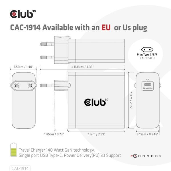 Club3D cestovní nabíječka USB-C 140W GaN Technologie,  1xUSB-C,  podpora PD 3.12