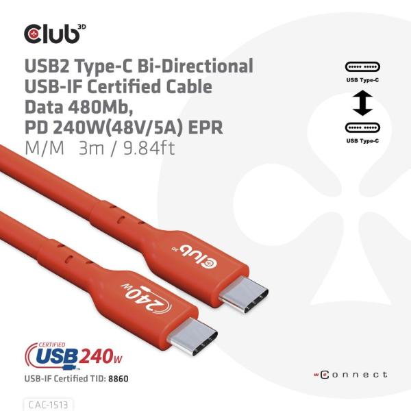 Club3D Kabel USB2 Type-C Bi-Directional USB-IF Certifikovaný 480Mb,  PD 240W(48V/ 5A) EPR M/ M 3m4