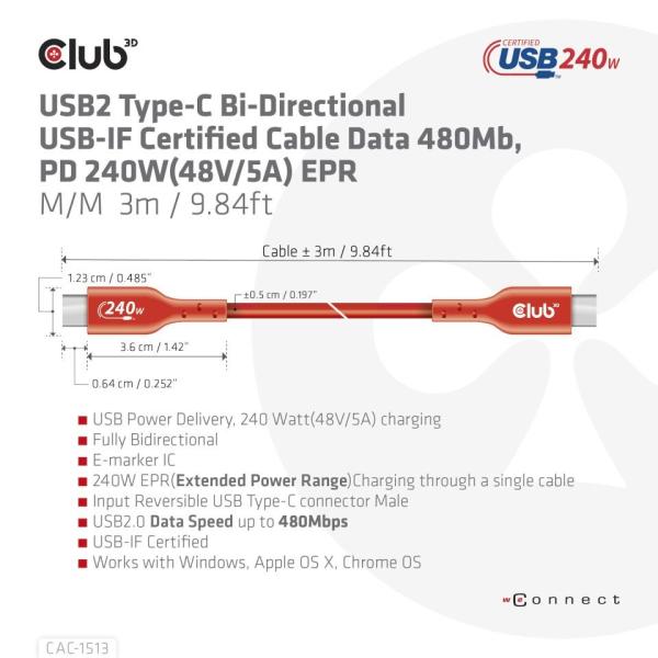 Club3D Kabel USB2 Type-C Bi-Directional USB-IF Certifikovaný 480Mb,  PD 240W(48V/ 5A) EPR M/ M 3m3