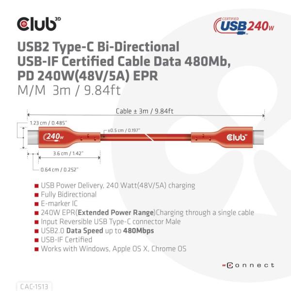 Club3D Kabel USB2 Type-C Bi-Directional USB-IF Certifikovaný 480Mb,  PD 240W(48V/ 5A) EPR M/ M 3m0