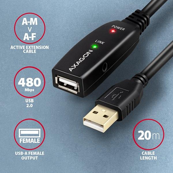 AXAGON ADR-220, USB 2.0 A-M -> A-F aktívny predlžovací / repeater kábel, 20m4
