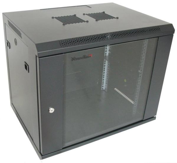 XtendLan 19" nástěnný rozvaděč 9U 600x450,  nosnost 60 kg,  skleněné kouřové dveře,  rozložený,  černý1