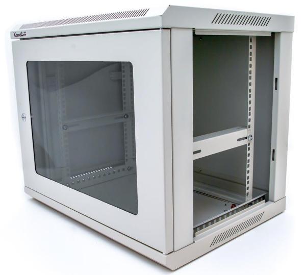 XtendLan 19" nástěnný rozvaděč 9U 600x450,  nosnost 60 kg,  skleněné kouřové dveře,  svařovaný,  šedý2