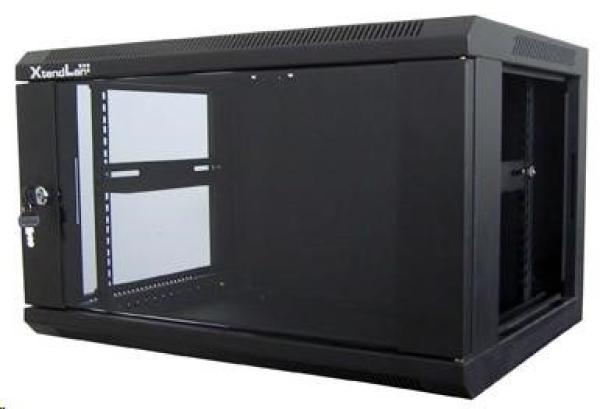 XtendLan 19" nástěnný rozvaděč 6U 600x600,  nosnost 60 kg,  skleněné kouřové dveře,  svařovaný,  černý2