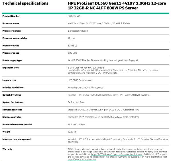 HPE PL DL360g11 4410Y (2.0G/ 12C/ 30M) 1x32G VROC 4LFF 1x800W 4x1Gb NBD333 1U1