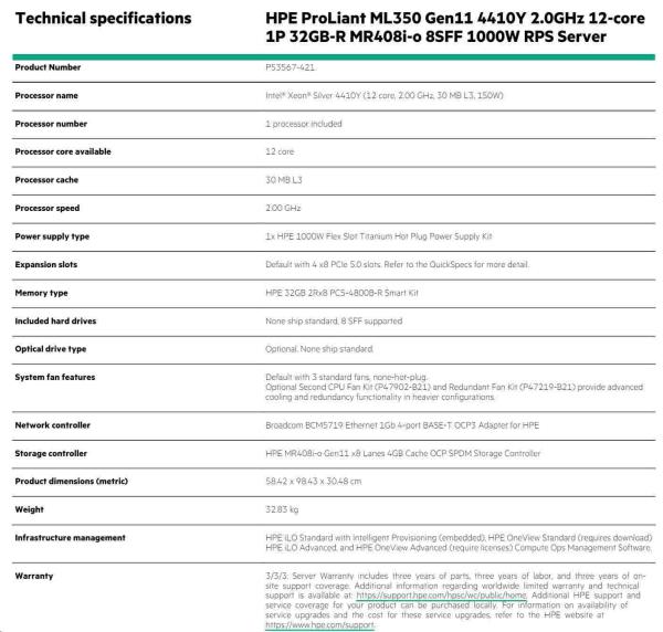 HPE PL ML350g11 4410Y (2.0G/ 12C) 1x32G (P43328) MR408i-o 8-24SFF 1x1000W NBD3333