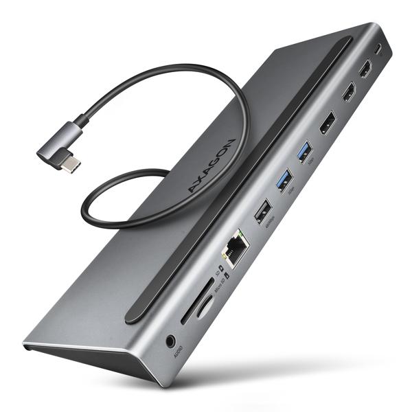 AXAGON HMC-4KX3 USB 5Gbps hub,  3x USB-A,  2x HDMI,  DP,  RJ-45 GLAN,  SD/ microSD,  audio,  PD 100W,  kábel USB-C 40cm