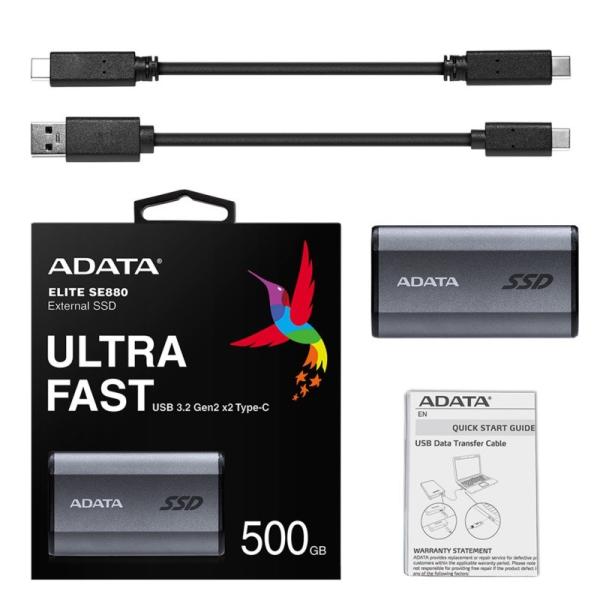 ADATA Externí SSD 500GB SE880, USB-C 3.2 Gen 2x2, R:2000/W:2000MB/s, šedá2