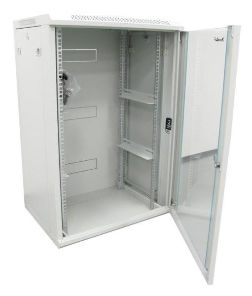 XtendLan 19" nástěnný rozvaděč 15U 600x450,  nosnost 60 kg,  skleněné kouřové dveře,  svařovaný,  šedý2