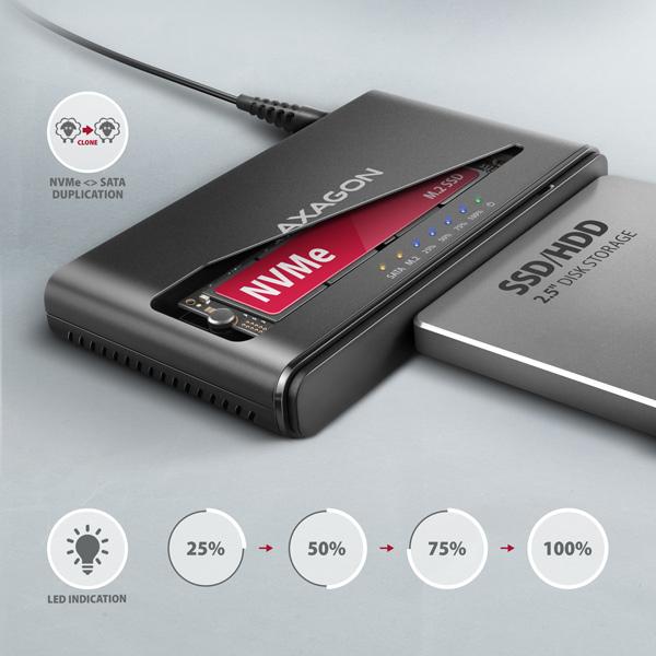 AXAGON ADSA-CC USB-C 10Gbps - NVMe M.2 SSD & SATA 2.5"/3.5" SSD/HDD CLONE MASTER 2 adaptér3