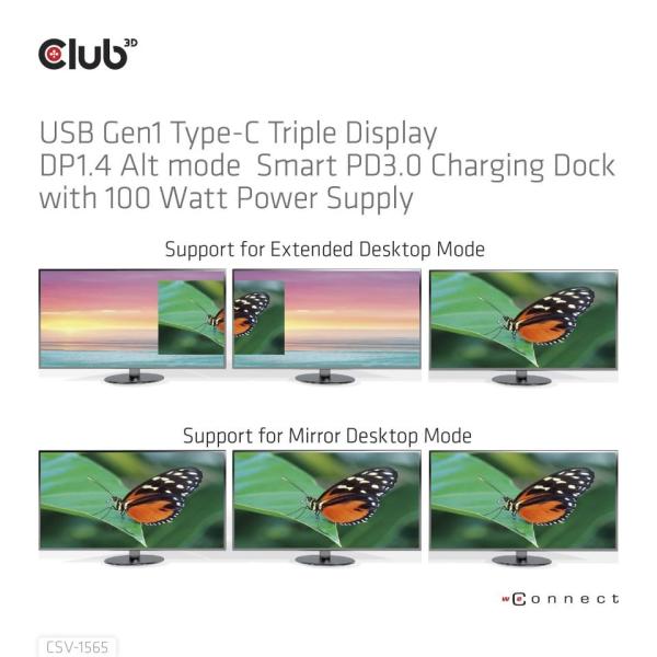 Club3D Dokovací stanice USB-C, Triple Display DP 1.4 Alt mode Smart PD3.0 Charging Dock with 100 Watt PS3