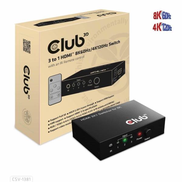 Club3D Switch 1:3 HDMI 8K60Hz/ 4K120Hz,  3 porty