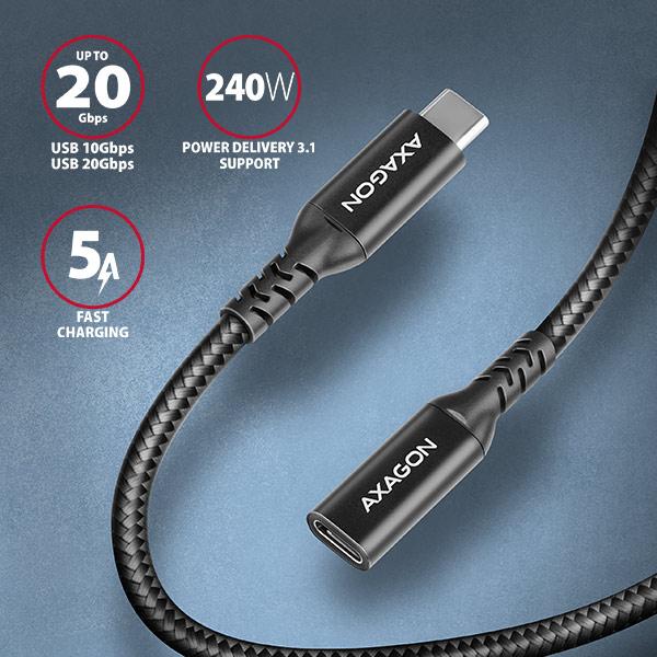 AXAGON BUCM32-CF15AB predlžovací kábel USB-C (M) <-> USB-C (F),  1.5m,  USB 20Gbps,  PD 240W 5A,  8K HD,  ALU,  oplet,  čierny1