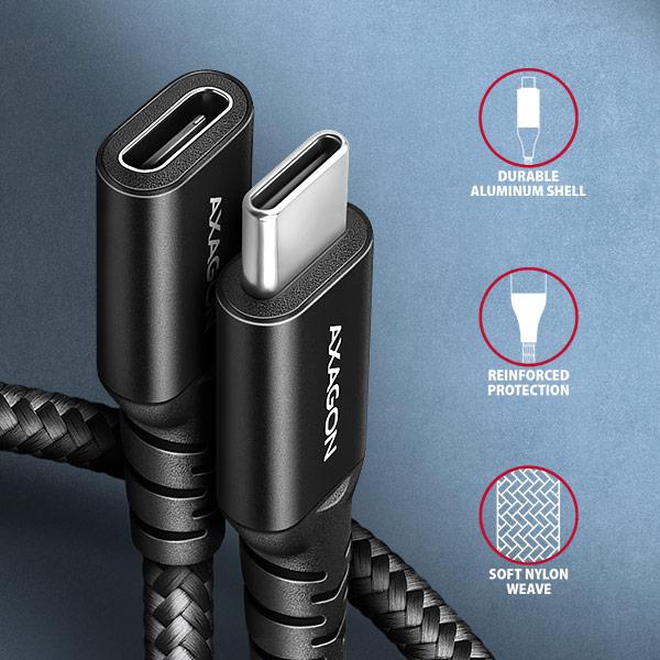 AXAGON BUCM32-CF15AB predlžovací kábel USB-C (M) <-> USB-C (F),  1.5m,  USB 20Gbps,  PD 240W 5A,  8K HD,  ALU,  oplet,  čierny2