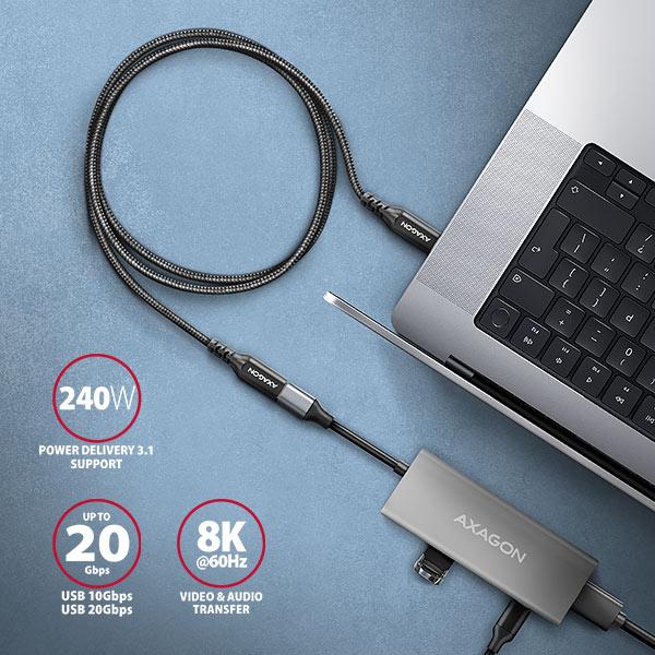 AXAGON BUCM32-CF15AB predlžovací kábel USB-C (M) <-> USB-C (F),  1.5m,  USB 20Gbps,  PD 240W 5A,  8K HD,  ALU,  oplet,  čierny3