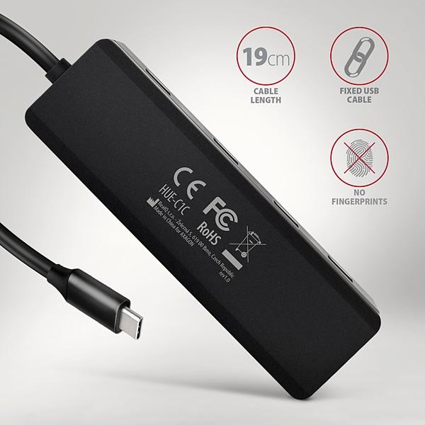 AXAGON HUE-C1C,  4x USB 5Gbps TRAVEL hub,  USB-C napájací konektor,  kábel USB-C 19 cm1