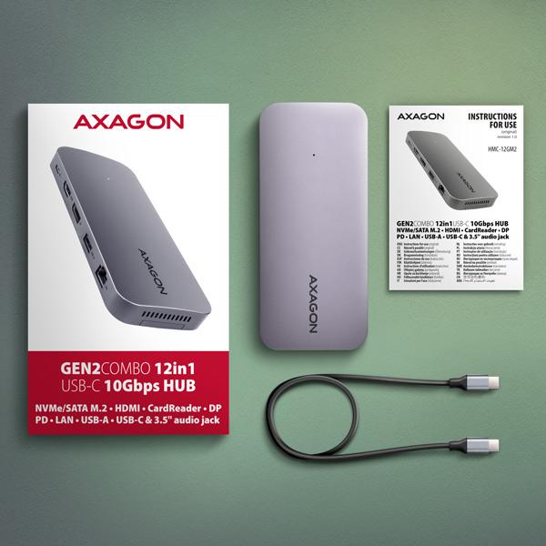 AXAGON HMC-12GM2,  USB 10Gbps hub,  3x USB-A,  USB-C,   HDMI,  DP,  RJ-45 GLAN,  M.2,  SD/ mSD,  audio,  PD 100W,  kábel USB-C 50cm10