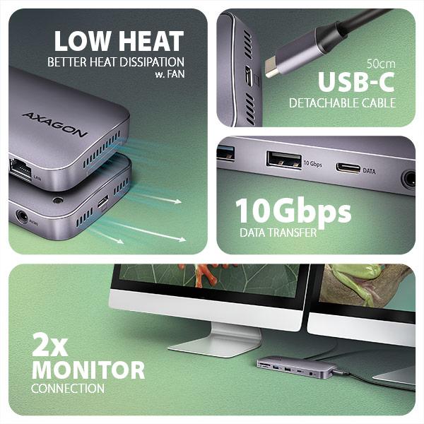 AXAGON HMC-12GM2,  USB 10Gbps hub,  3x USB-A,  USB-C,   HDMI,  DP,  RJ-45 GLAN,  M.2,  SD/ mSD,  audio,  PD 100W,  kábel USB-C 50cm4