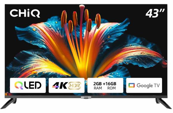 CHiQ U43QM8E TV 43",  QLED,  Google TV,  Frameless,  Dolby Audio,  dbx-tv,  nový design podstavce