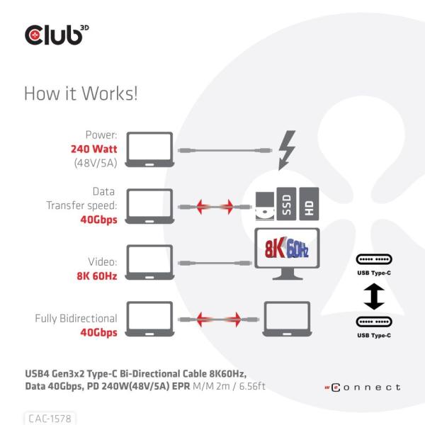 Club3D Kabel USB4 Gen3x2 Type-C Oboustranný kabel 8K60Hz,  Data 40 Gbps,  PD 240W(48V/ 5A) EPR M/ M 2m6