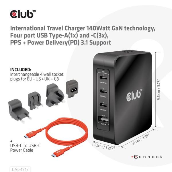 Club3D cestovní nabíječka 140W GaN technologie,  3xUSB-C,  1xUSB-A,  PPS + PD 3.1 Support1