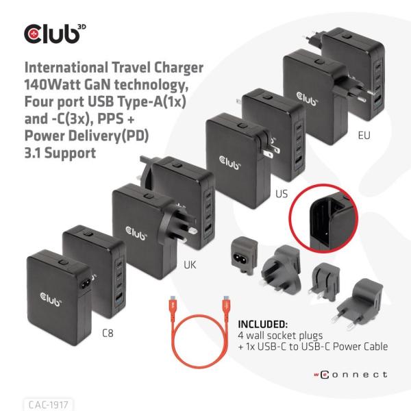 Club3D cestovní nabíječka 140W GaN technologie,  3xUSB-C,  1xUSB-A,  PPS + PD 3.1 Support6