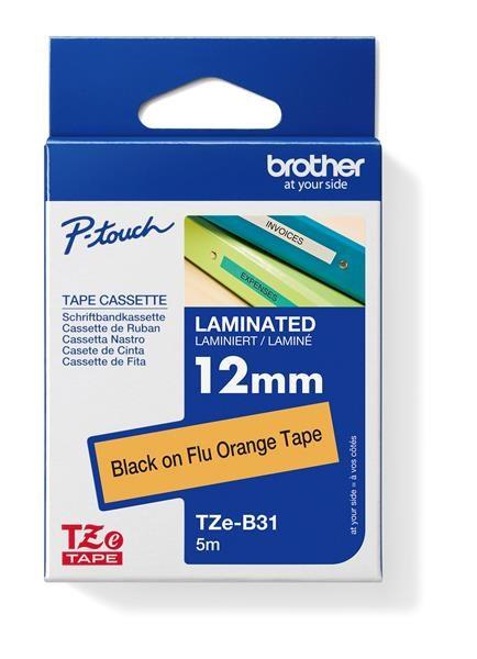 BROTHER TZEB31 - 12 mm široká kazeta TZ,  laminovaná TZE-B31,  signálne oranžové/ čierne písmo