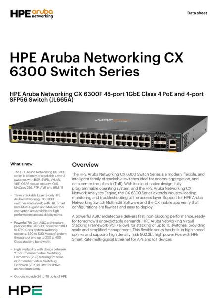 HPE Aruba Networking CX 6300F 48-port 1GbE Class 4 PoE and 4-port SFP56 Switch JL665A RENEW2