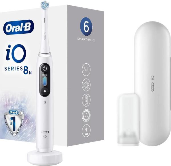 Oral-B iO Series 8 White Alabaster elektrický zubní kartáček,  magnetický,  6 režimů,  časovač,  tlakový senzor,  pouzdro