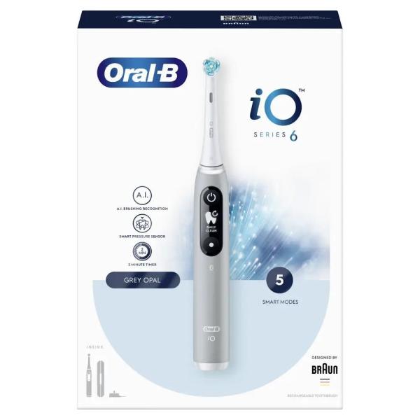Oral-B iO Series 6 Grey Opal elektrický zubní kartáček,  magnetický,  5 režimů,  tlakový senzor,  AI,  pouzdro3
