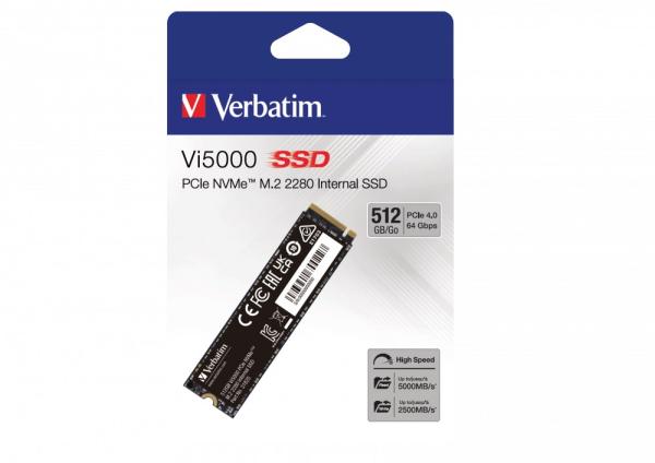 VERBATIM SSD Vi5000 Internal PCIe NVMe M.2 SSD 512GB ,  W2500/  R 5000 MB/ s2