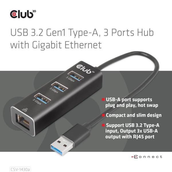 Club3D Rozbočovač,  USB-A 3.2 Gen1 na 3x USB 3.1,  Gigabit Ethernet1
