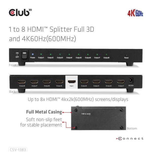 Club3D Video splitter 1:8 HDMI 2.0 4K60Hz UHD (600Mhz),  8 portů0