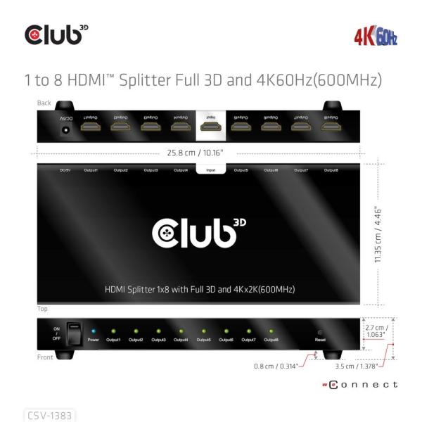Club3D Video splitter 1:8 HDMI 2.0 4K60Hz UHD (600Mhz),  8 portů3
