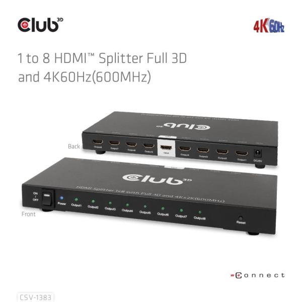 Club3D Video splitter 1:8 HDMI 2.0 4K60Hz UHD (600Mhz),  8 portů4