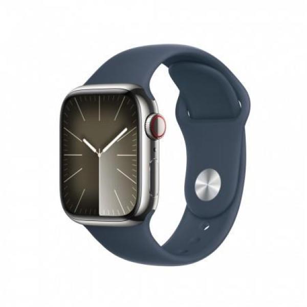 Apple Watch Series 9 GPS + Cellular 41mm Silver Stainless Steel Case with Storm Blue Sport Band - M/L