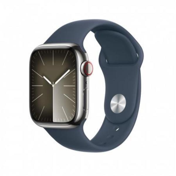 APPLE Watch Series 9 GPS + Cellular 45mm Silver Stainless Steel Case with Storm Blue Sport Band - M/ L