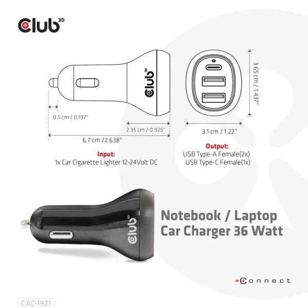 Club3D Auto nabíječka pro Notebooky 36W, 3 porty (2xUSB-A + USB-C)