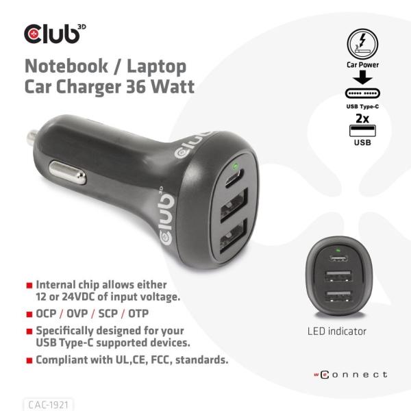 Club3D Auto nabíječka pro Notebooky 36W,  3 porty (2xUSB-A + USB-C)1