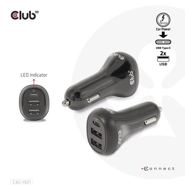 Club3D Auto nabíječka pro Notebooky 36W,  3 porty (2xUSB-A + USB-C)3