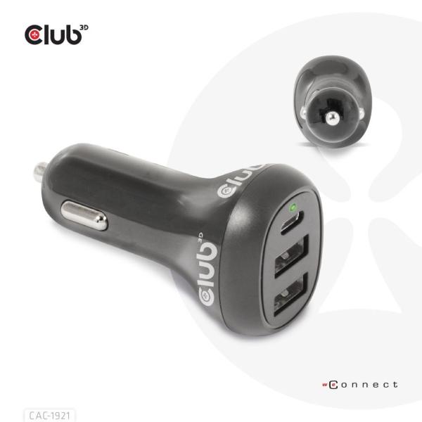 Club3D Auto nabíječka pro Notebooky 36W,  3 porty (2xUSB-A + USB-C)4