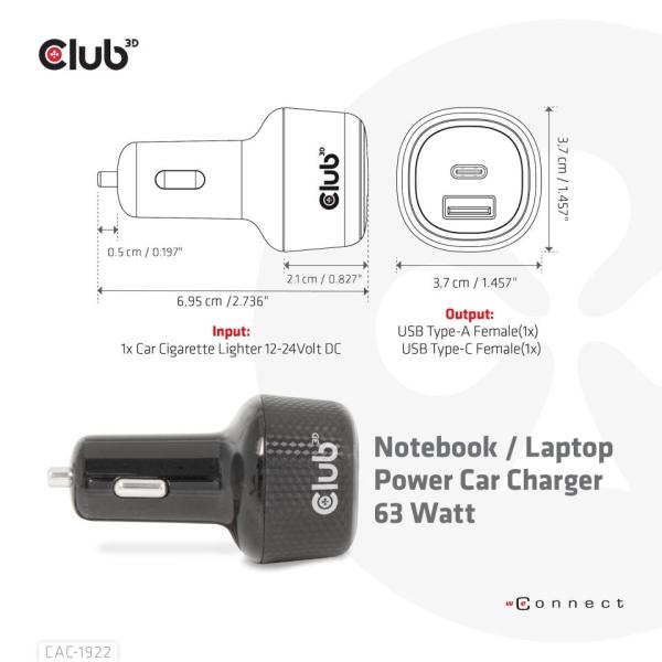 Club3D Auto nabíječka pro Notebooky 63W,  2 porty (USB-A + USB-C)2