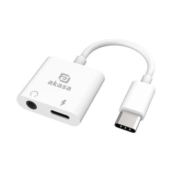 AKASA adaptér USB-C to 3.5mm Jack & PD 15W Nabíjecí port,  bílá