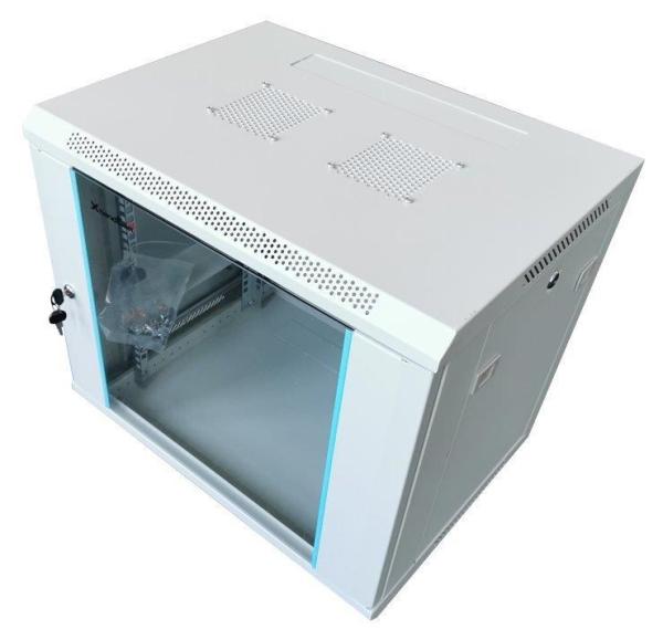 XtendLan 19" nástěnný rozvaděč 12U 600x450,  nosnost 60 kg,  skleněné dveře,  rozložený,  šedý1